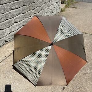 Vintage Aramis Talks Weather Umbrella Brown Rust Geometric Wood Handle 1980s